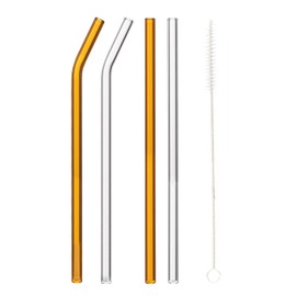 BLUEPOLAR 4-Pack Reusable Glass Straws,Size 8''x 8 MM,Clear/Amber Glass Straws, 2 Straight and 2 Bent with 1 Cleaning Brush Glass Straw Set-Perfect for Smoothies, Milkshake, Iced Coffee,Juice,Tea