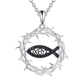 ZPMMPZ Thorn Crown Necklace 925 Sterling Silver Jesus Fish Pendant Jewelry Religious Gift for Women Men