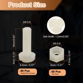 sourcing map 50Sets Nylon Screw Nut Assortment, M5-0.8x16mm Slotted Pan Head Screws & M5 Hex Nuts for Machinery, Electronics, White