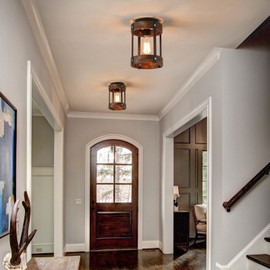 Rustic Farmhouse Wood Flush Mount Ceiling Light Fixture One-Light Oak Wood and Metal Round Cage Small Semi Flush Mount Ceiling Light for Kitchen Hallway Entryway Bedroom Farmhouse Country, Black