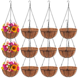 Dandat 12 Pack 14 Inch Metal Hanging Planter Basket with Coconut Coir Liner Metal Wire Plant Holder Chain Watering Outdoor Hanging Pots Flower Pot Hanger for Porch Indoor Outdoor Garden Decorations