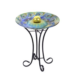 Hi-Line Gift 78415-F Solar Orb Peacock Glass Bird Bath with Stand