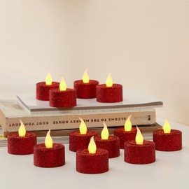 FURORA LIGHTING Red Glitter LED Tealight Candles Pack of 12, Flameless Flickering Tealight Candles for Home Décor, 1.5’’(W) x 1.65’’(H), Battery Operated