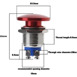 2Pcs Mushroom Head Button Switch Waterproof Push Button Switch Aluminum Alloy Round Start Button Accessories for Car SUV Truck RV Boat (16MM, Red)