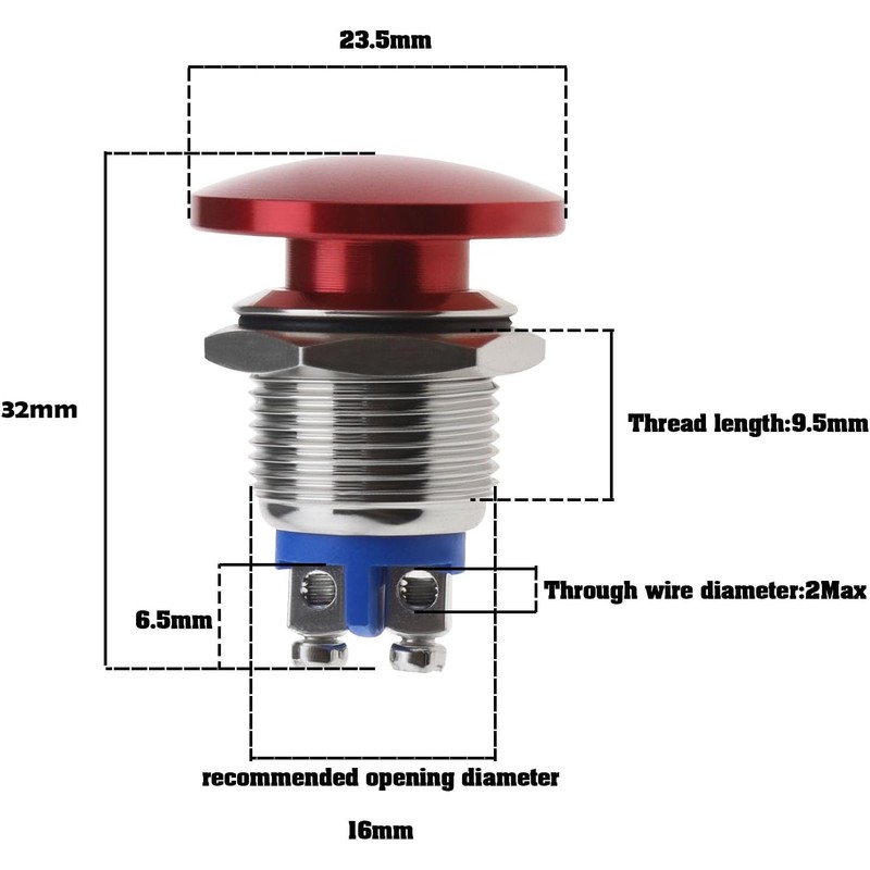 2Pcs Mushroom Head Button Switch Waterproof Push Button Switch Aluminum