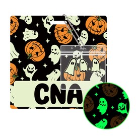 CNA Badge Buddy Card Holder Pumpkins Ghost Halloween Glowing in The Dark Luminous Badge Buddy with Storage Bag Nurse Nursing Accessories Hospital Work Horizontal ID Name Identification Tags