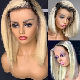 Ombre Blonde Bob Wig Human Hair Glueless 13x4 Lace Front Wigs Bleached Knots Pre Plucked Dark Roots 1B613 Blunt Cut Bob Wigs with Baby Full 180% Density Lace Frontal Wigs Middle Part 12”