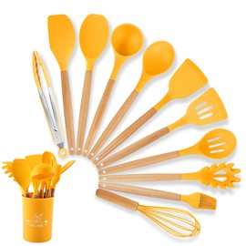 Silicone Cooking Utensils, 12 Pcs Kitchen Utensil Set 446°F Heat Resistant,Turner Tongs Spatula Spoon Brush Whisk with Wooden Handles, Blue Kitchen Gadgets Tools Set for Nonstick Cookware (BPA Free)