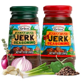 Grace Jamaican Hot & Mild Jerk Seasoning (Two 10 Oz Jars) - Hot & Mild Jerk Jamaican Style - Caribbean Mix for Chicken & Oxtail