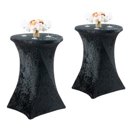 netbros 2 Pack 32x43 in Velvet Cocktail Tablecloth Black, Thick Luxury Velour Highboy Table Cloths for High Top Tables,Stretch Fitted Round Cocktail Table Covers for Parties Weddings Bars Events