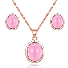 Uloveido Charm Pink Pendant Necklace and Studs Earrings Set for Women Pink Stone Rose Gold Plated Wedding Anniversary Enagegment Jewelry Set for Bridal Women Mom WHB97, Metal, Cubic Zirconia