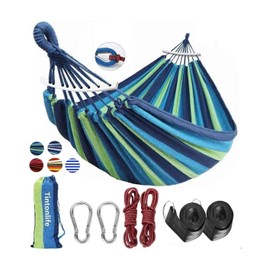 Tintonlife Brazilian Double Hammock 2 Person Canvas Cotton Hammock with Carrying Bag for Patio Porch Garden Backyard Lounging Outdoor/ Indoor Green Stripe Hammock