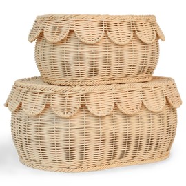 Palonona - Set of 2 Natural Rattan Storage Baskets with Scalloped Lids – Medium & Small Sizes – Handwoven Braided Edge Detail – Boho Accent Decor for Countertops, Shelves, Home Organization & Gifting.