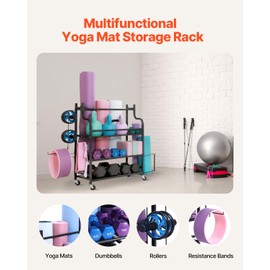 VEVOR Yoga Mat Storage Rack, Home Gym Workout Equipment Organizer, Powder Coated Finish Steel Yoga Mat Holder with Hooks & Wheels, Weight Rack for Dumbbell, Kettlebell, Foam Roller, and Yoga Strap