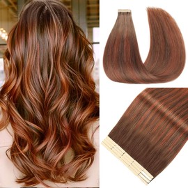 Tape in Hair Extensions Human Hair 20 Inch 20pcs Invisible Tape ins Hair Extensions Real Human Hair Ombre Chocolate Brown Mixed Dark Auburn Remy Seamless Tape Hair Extensions(4/4/33#, 20 Inch)
