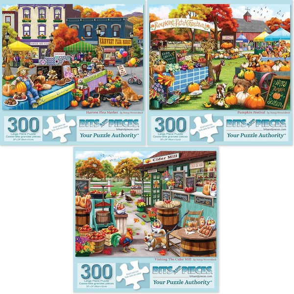 Bits and Pieces- Value Set of Three (3) 300 Piece Jigsaw Puzzles for Adults Puzzles Measure 18"x24" 300 pc Harvest Flea Market, Pumpkin Festival, Visiting The Cider Mill Artist Nancy Wernersbach