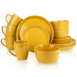 GOOD ALWAYS Plates and Bowls Sets, 16 Pieces Dinnerware Sets, Dishes Set for 4, Christmas, Kitchen Set is Home Essentials, Yellow