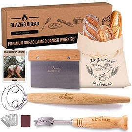 Blazing Bread Lame and Danish Dough Whisk Set - Premium Bread Baking Tools Set Bonus Cotton Bread Bag & Dough Scraper. Scoring Tool with Replaceable Blades. Perfect for Artisan Home Bakers