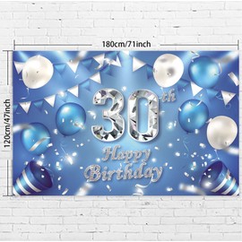 Happy 30th Birthday Banner Background Decorations Balloons Crystal Confetti Theme Decor for Men or Women Cheers to 30 Years Party Dirty 30 Favors Supplies Blue Silver