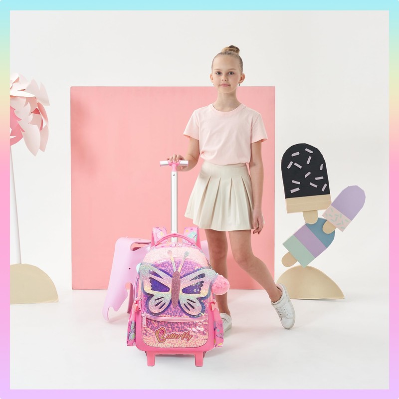 HTgroce Rolling Backpack for Kids Butterfly Roller Backpack for Girl