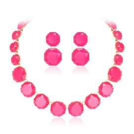 Flyonce Hot Pink Rhinestone Statement Choker Necklace Earrings Set, Round Crystal Bohemian Art Deco Costume Jewelry Set for Women Bohemian Beaded Casual Dress