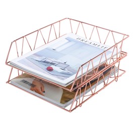 PAG Set of 2 Office Supplies Metal Stackable File Document Letter Tray Organizer for Desk, Rose Gold