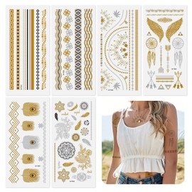 GlasFlength Temporary Tattoos Gold, 6 Sheets Flash Festival Tattoos Waterproof Tattoos Metallic Glitter Tattoos Stick On Tattoo Temporary Festival Party Accessory for Women Adults Girls
