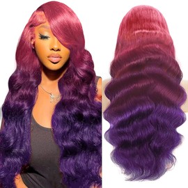 GGEDUO Purple Ombre Lace Front Wig Body Wave Glueless 30 Inch Light Pink Roots 13x4 HD Transparent Lace Front Wigs Pre Plucked Hairline 180% Density 3 Tones Pink to Purple Wig for Women
