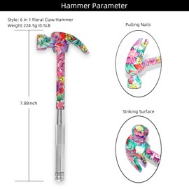 6 in 1 Hammer & Screwdriver Tool Multitool Set Claw Hammer with Anti-Slip Grip Handle Slotted/Flat Head Phillips Screwdriver Nail Puller Best Gift for Family Friends Colleagues (Pink)