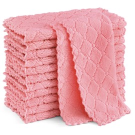 Homaxy 12 Pack Kitchen Dish Cloths (10 x 10 Inches, Pink), Super Soft and Absorbent Coral Velvet Dish Towels, Nonstick Oil Fast Drying Microfiber Cleaning Cloth, No Lint Household Dishcloths