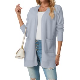 GRECERELLE 2025 Womens Lightweight Open Front Casual V-Neck Long Cardigan Sweater with Pockets Grey Blue, L