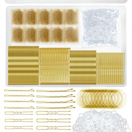 YINGFENG 510PCS Blonde Bobby Pins Hair Pins Kit with Hair Net, Includes 100 Bobby Pins for Women, 100 U Shaped Buns Hair Clips, 300 Hair Bands and 10 Blonde Hair Nets, Dance Competition Must Haves