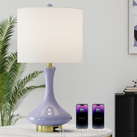 Maxax 24" Purple Table Lamp, Modern Ceramic Bedside Lamp with USB C+A Ports, Purple Nightstand Lamp with White Shade for Girl Bedroom, Living Room, ETL Listed