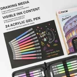 Black Paper Sketchbook & 24 Colours Acrylic Gel Pens for Drawing, 1 mm Fine Point Acrylic Ink Pen, Opaque Archiving Bright Ink Pens for Black Paper Drawing, Sketching