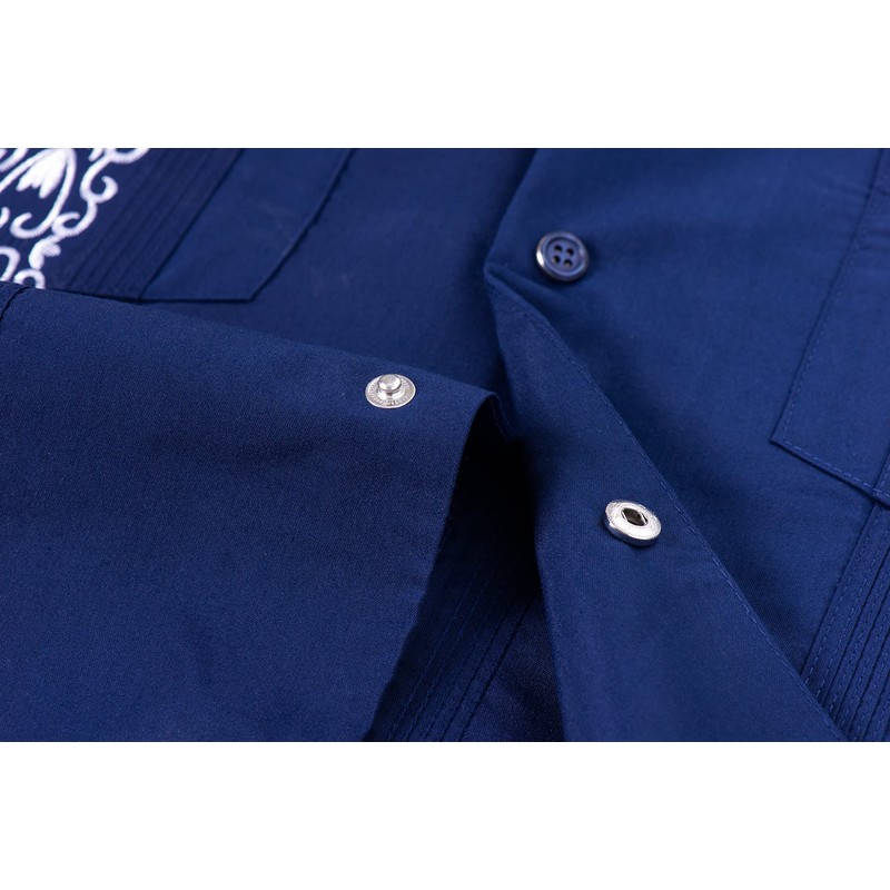 Men's Guayabera Shirts Short Sleeve Casual Snap Shirts(Navy 2XL)