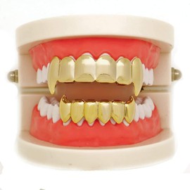 canjoyn 18k Gold Teeth Grillz Shiny Vampire Fangs Grillz 6 Teeth Top Bottom Set Grillz Hip Hop Teeth Grills+ Extra 2 Molding Bars