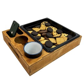 Wooden Serving Tray with Cup Holder - Coffee Table Rustic Cookie Caddy – Handmade Drink Tray - Couch Organizer with Phone Stand - Ottoman Stand Caddy for Food - Snack Holder for Movie and Game Nights