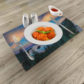 Ambesonne Lake Tahoe Place Mats Set of 4, High Angle View Californian Freshwater Lake Tranquil Scene Sundown, Washable Fabric Placemats for Dining Table, Standard Size, Forest Green