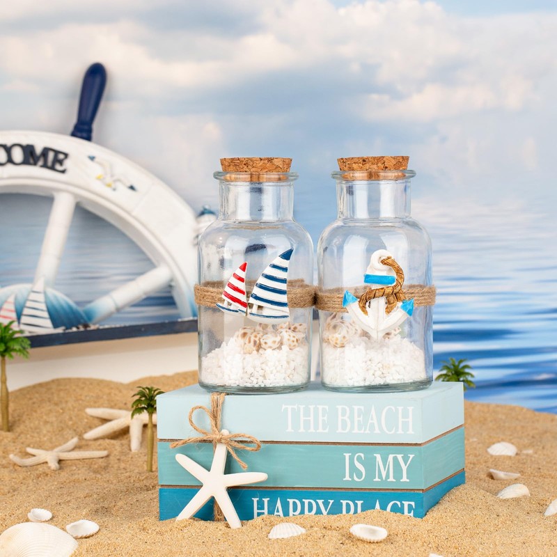 2PCS Coastal & Beach Decor Glass Bottles with Cork &