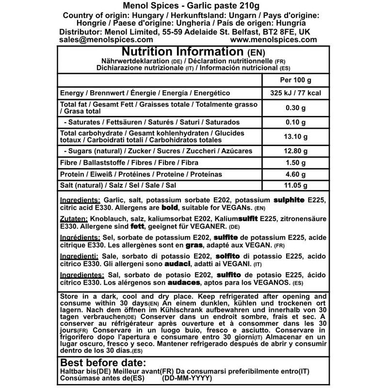 Menol Spices Garlic Paste 210g, Produced in EU (Hungary), Garlic