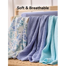 TILLYOU 3 Pack Muslin Swaddles for Newborns Baby Blankets for Girls Boys Cotton Swaddle Blankets 47"X47", Blue Flower