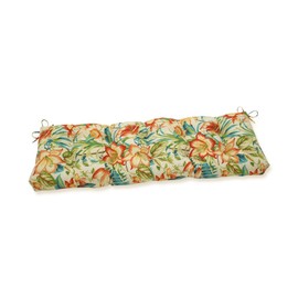 Pillow Perfect Tropic Floral Indoor/Outdoor Sofa Setee Bench Swing Cushion with Ties, Tufted, Weather, and Fade Resistant, 18" x 60", Blue/Green Botanical Glow, 1 Count
