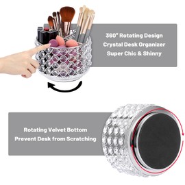 BTSKY Crystal 360 Degree Rotating Desk Organizer Decorative Storage Box with 4 Compartments, Glitter Metal Makeup Brush Holder Elegant Storage Caddy Home Decor Gift for Women, Round-4 Slots Gold