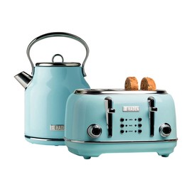 Haden Heritage 4 Slice Wide Slot Stainless Steel Body Retro Toaster and Heritage 1.7 Liter Stainless Steel Body Retro Electric Kettle, Turquoise