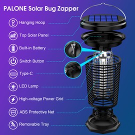PALONE Bug Zapper for Outdoor & Indoor, USB Rechargeable Solar Bug Zapper with 5.5W Solar Power, Electric Fly Traps, Insect Zapper for Patio, Backyard, Garden, Camping