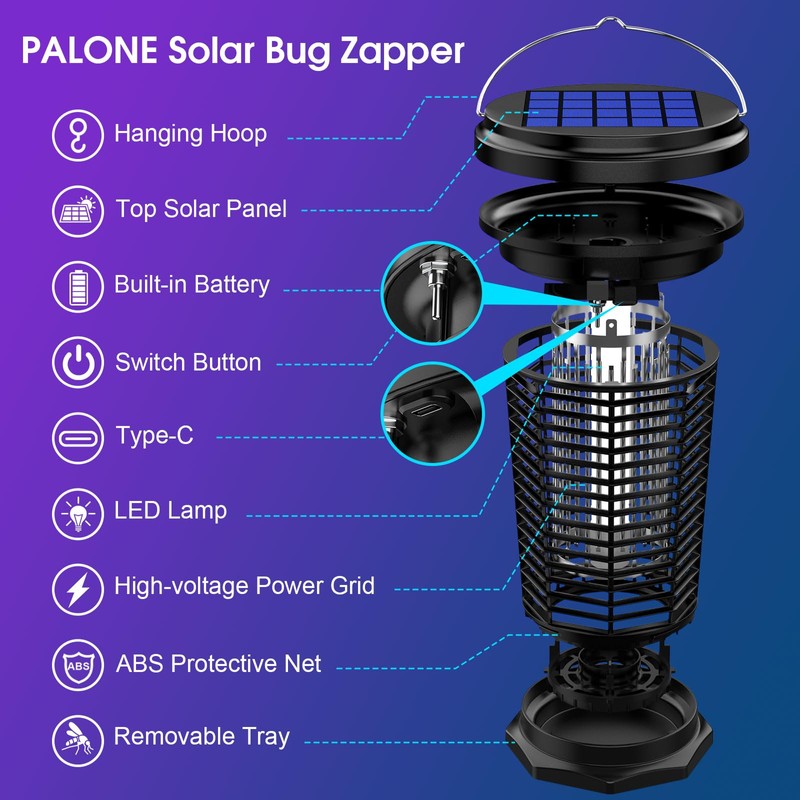 PALONE Bug Zapper for Outdoor & Indoor, USB Rechargeable Solar