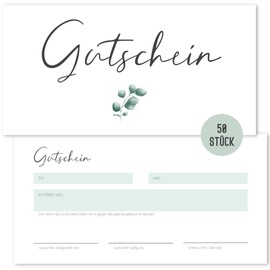 Things of Happiness Blank Vouchers to Fill in (Pack of 50) | Gift Voucher for Nail Salon, Hairdresser, Massage, Cosmetics, etc. (Eucalyptus)