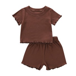 Dimoybabe Girls 3t Summer Clothes Toddler Girl Summer Outfits Clothes Set Ruffle Ribbed Short Sleeves T-Shirt Tops Shorts Comfy Outfits (Brown, 3-4T)