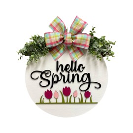 Hello Spring Door Hanger Porch Sign Welcome Wreath Front Door Tulips Easter Mothers Day Gift