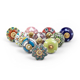RAJRANG Ceramic Knobs for Cabinet Dresser Drawer and Furniture Hand Painted Antique Boho Cupboard Pull Knob Multicolor Pack of 10